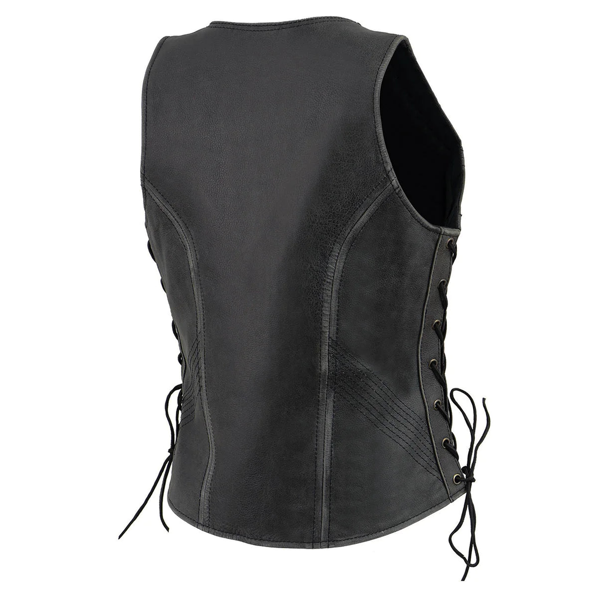 Women's Distressed Grey ‘Open Neck’ Leather Vest with Side Laces