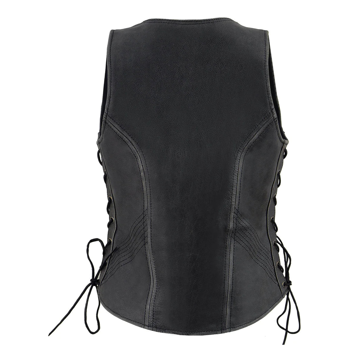 Women's Distressed Grey ‘Open Neck’ Leather Vest with Side Laces