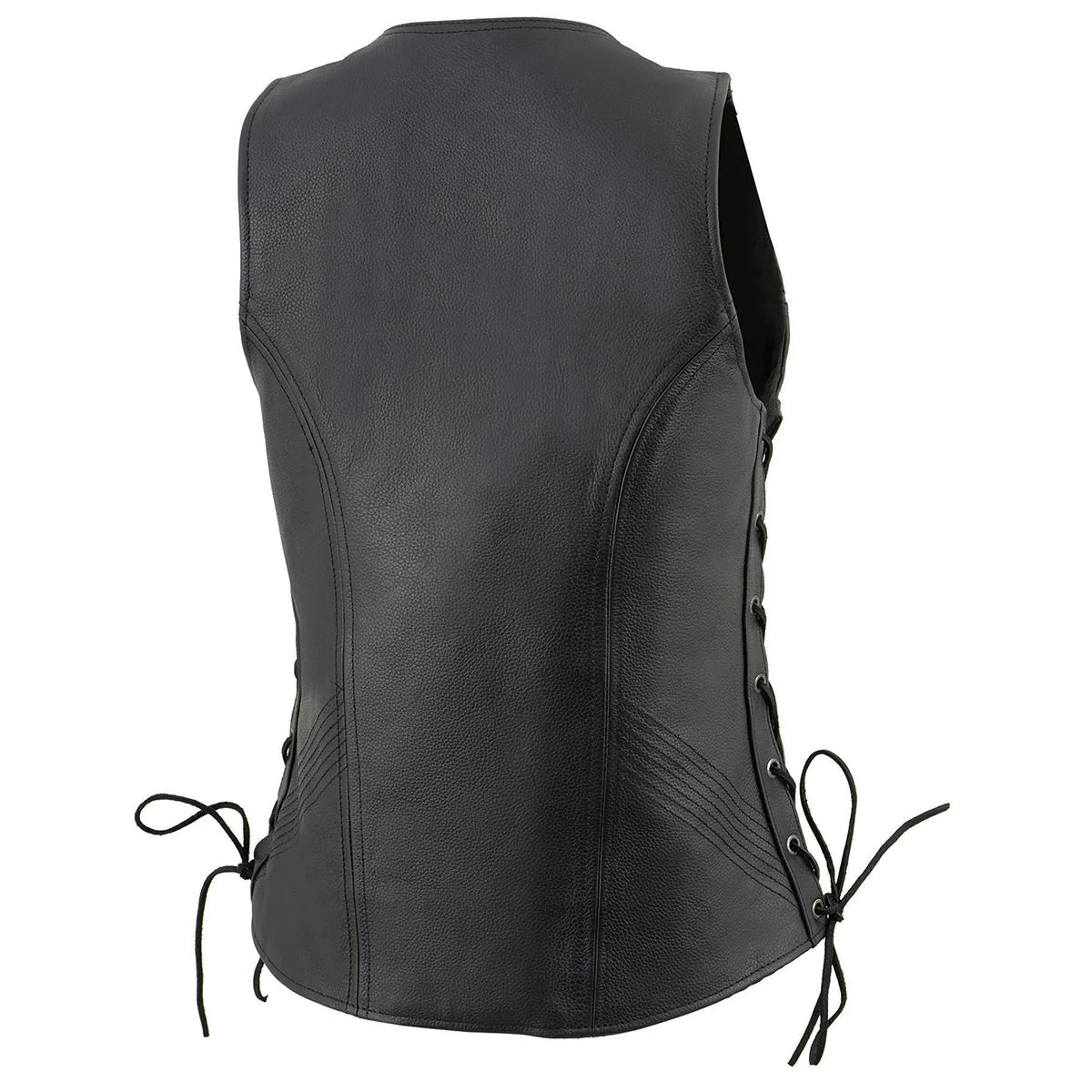 Women's Black 'Open Neck’ Motorcycle Leather Vest with Side Laces