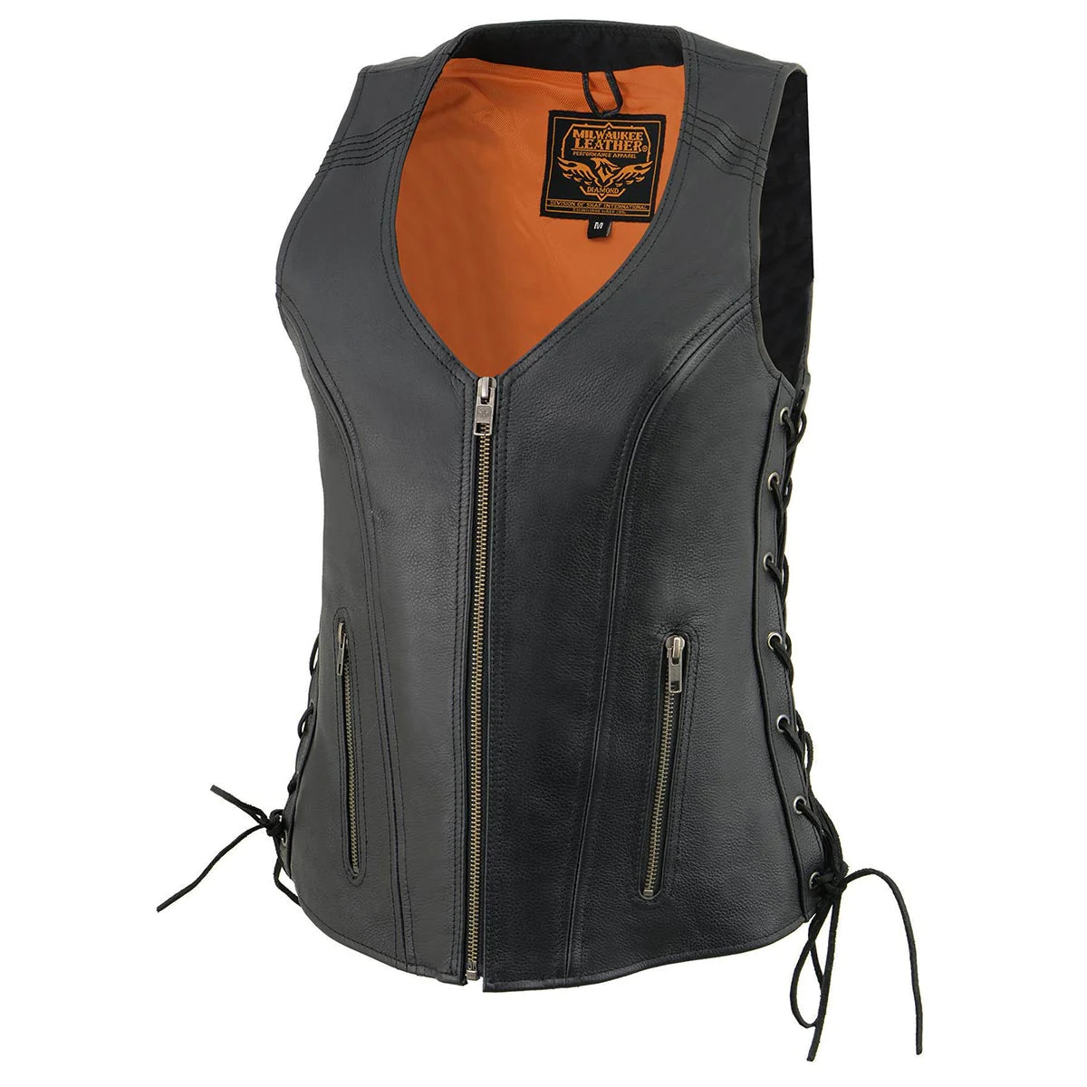 Women's Black 'Open Neck’ Motorcycle Leather Vest with Side Laces