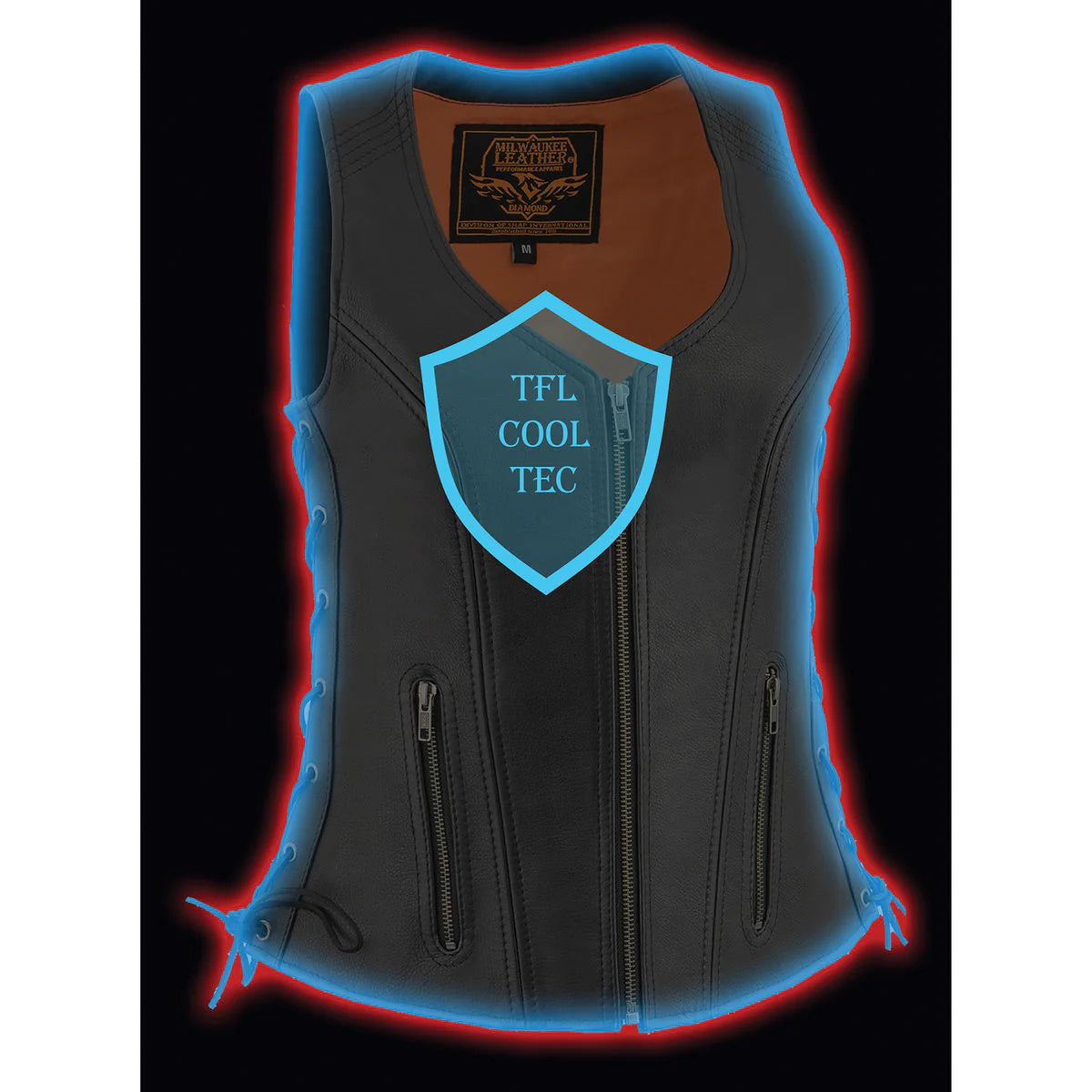 Women’s Black ‘Cool-Tec’ Leather Open Neck Motorcycle Vest