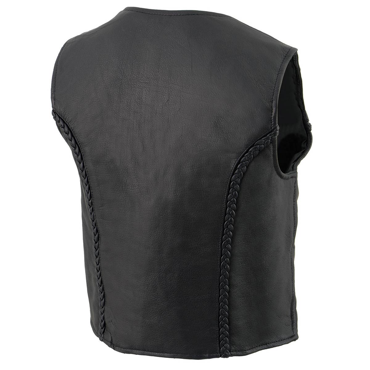 Women's Black Braided Lightweight Motorcycle Leather Vest with Zipper Closure