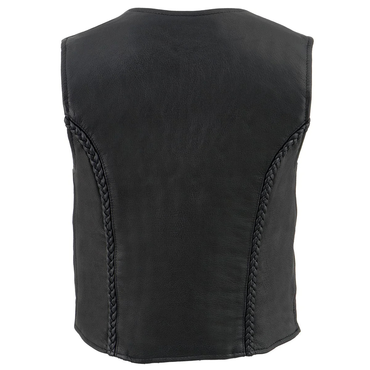 Women's Black Braided Lightweight Motorcycle Leather Vest with Zipper Closure