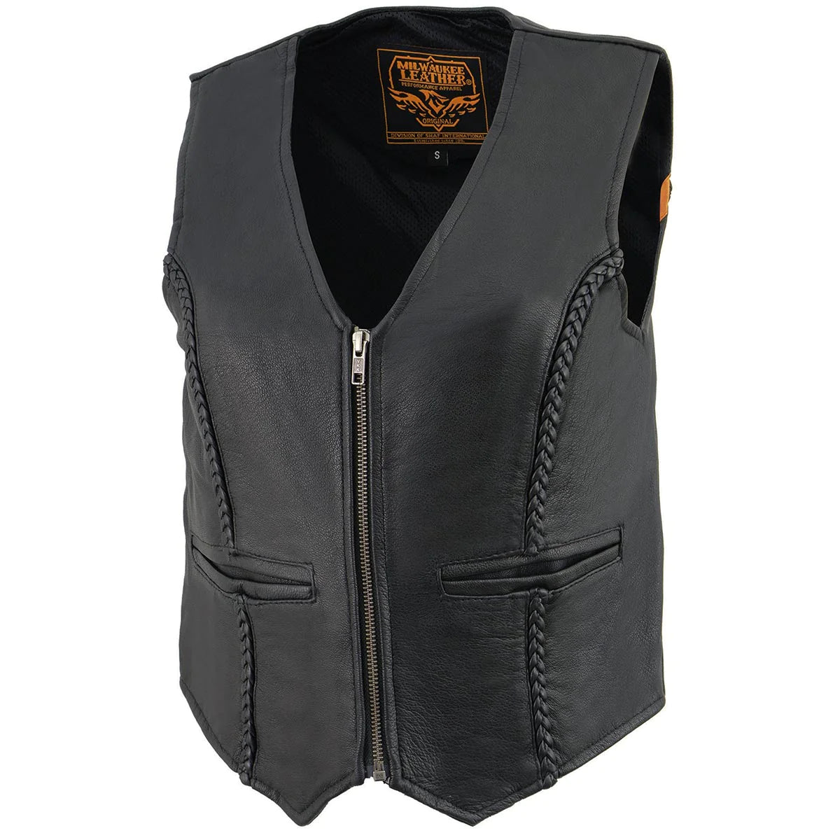 Women's Black Braided Lightweight Motorcycle Leather Vest with Zipper Closure