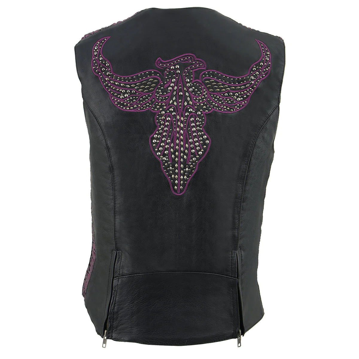 Ladies Black and Purple 'Studded Phoenix' Leather Vest