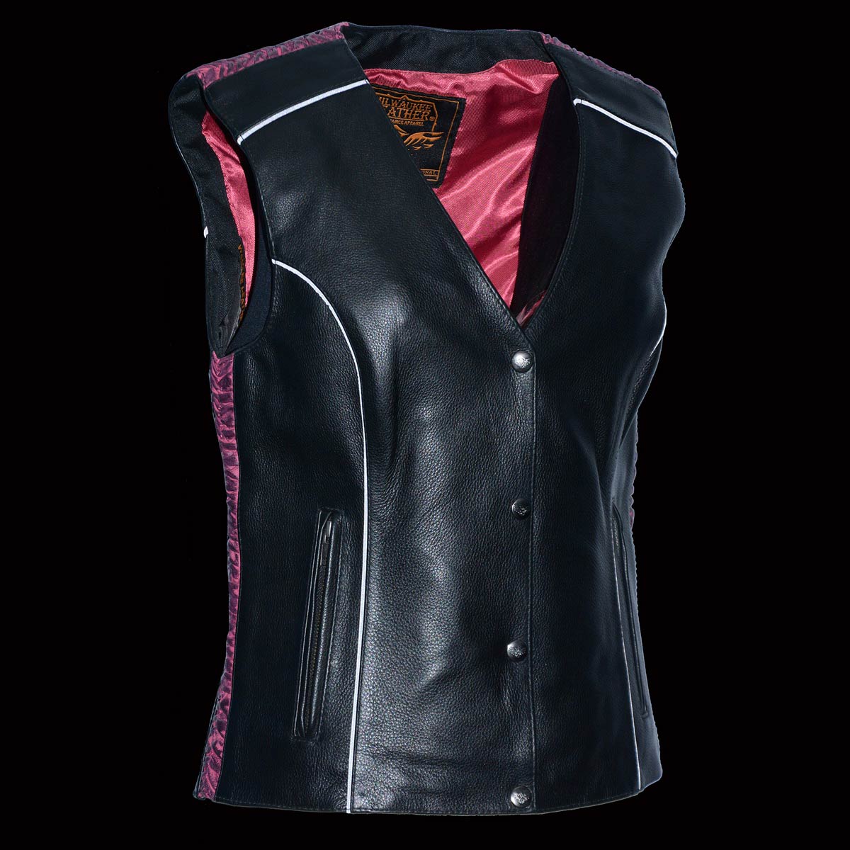 Ladies Black and Fuchsia 'Studded Phoenix' Leather Vest