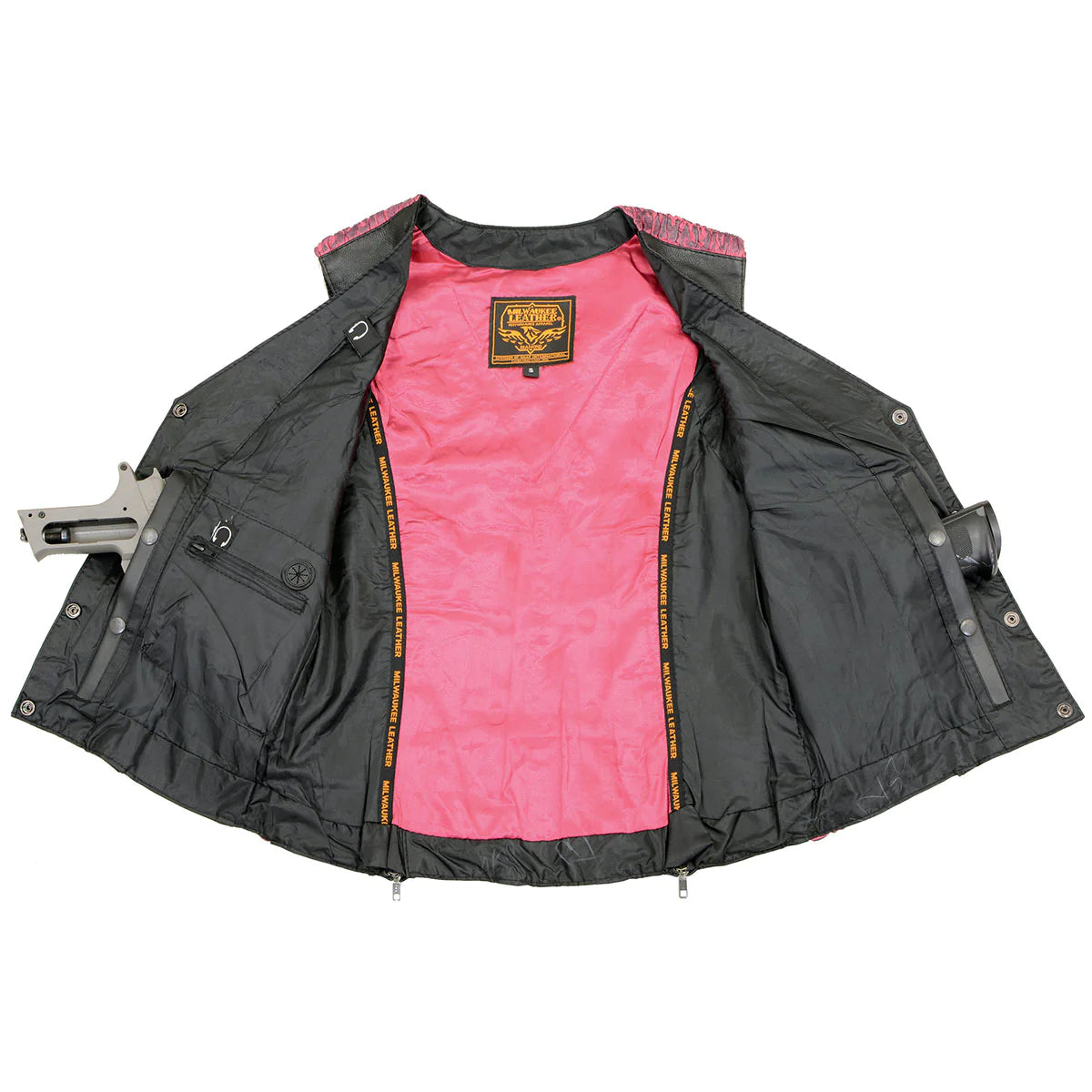 Ladies Black and Fuchsia 'Studded Phoenix' Leather Vest