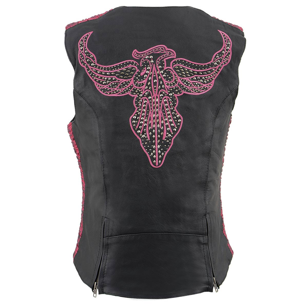 Ladies Black and Fuchsia 'Studded Phoenix' Leather Vest