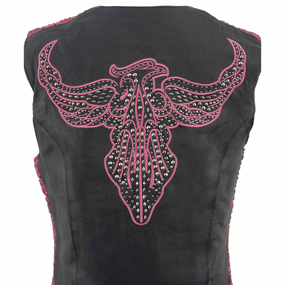 Ladies Black and Fuchsia 'Studded Phoenix' Leather Vest