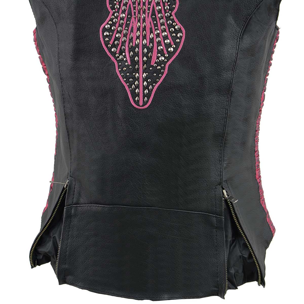 Ladies Black and Fuchsia 'Studded Phoenix' Leather Vest