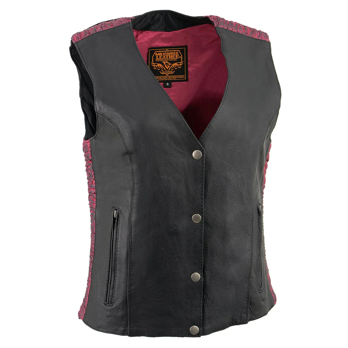 Ladies Black and Fuchsia 'Studded Phoenix' Leather Vest