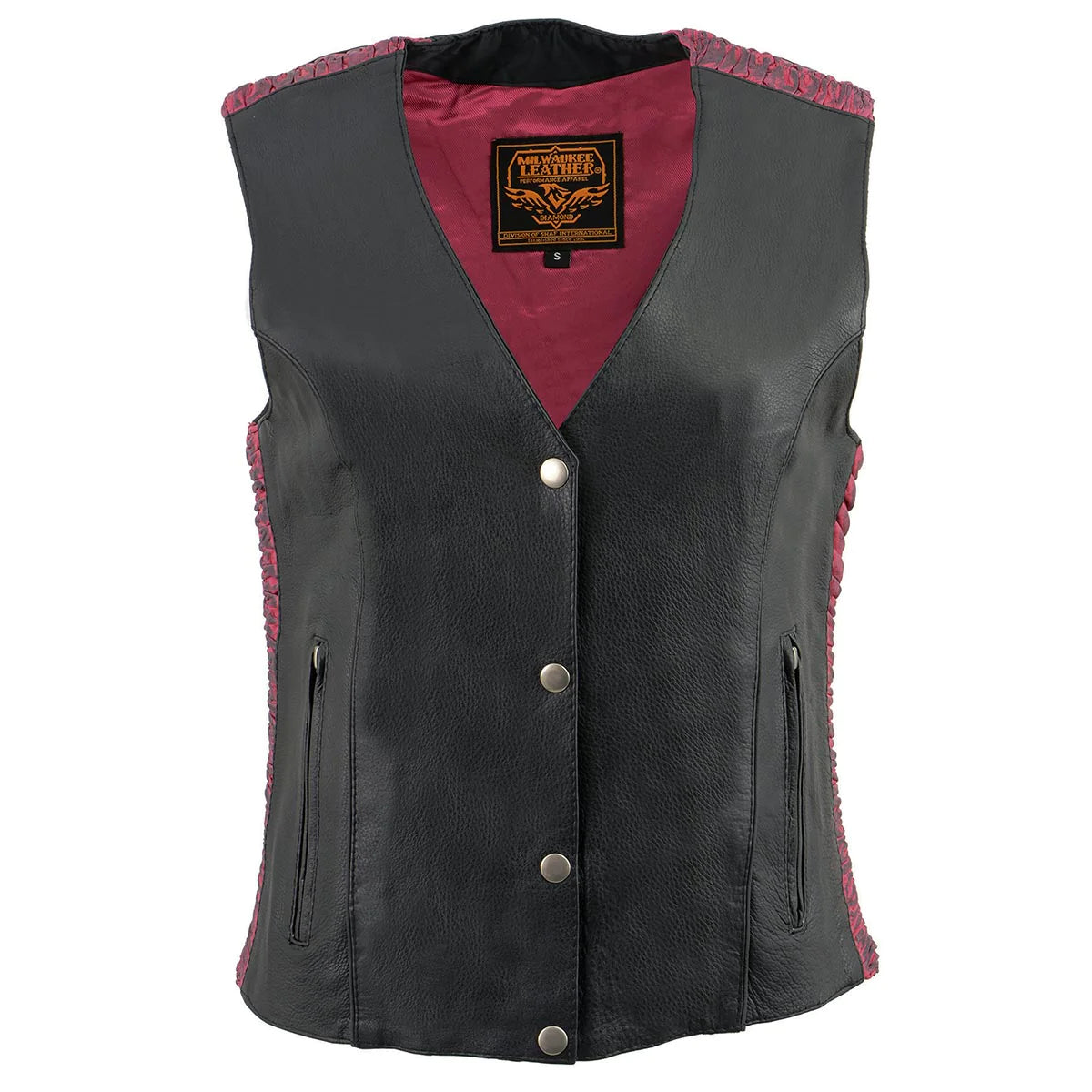 Ladies Black and Fuchsia 'Studded Phoenix' Leather Vest