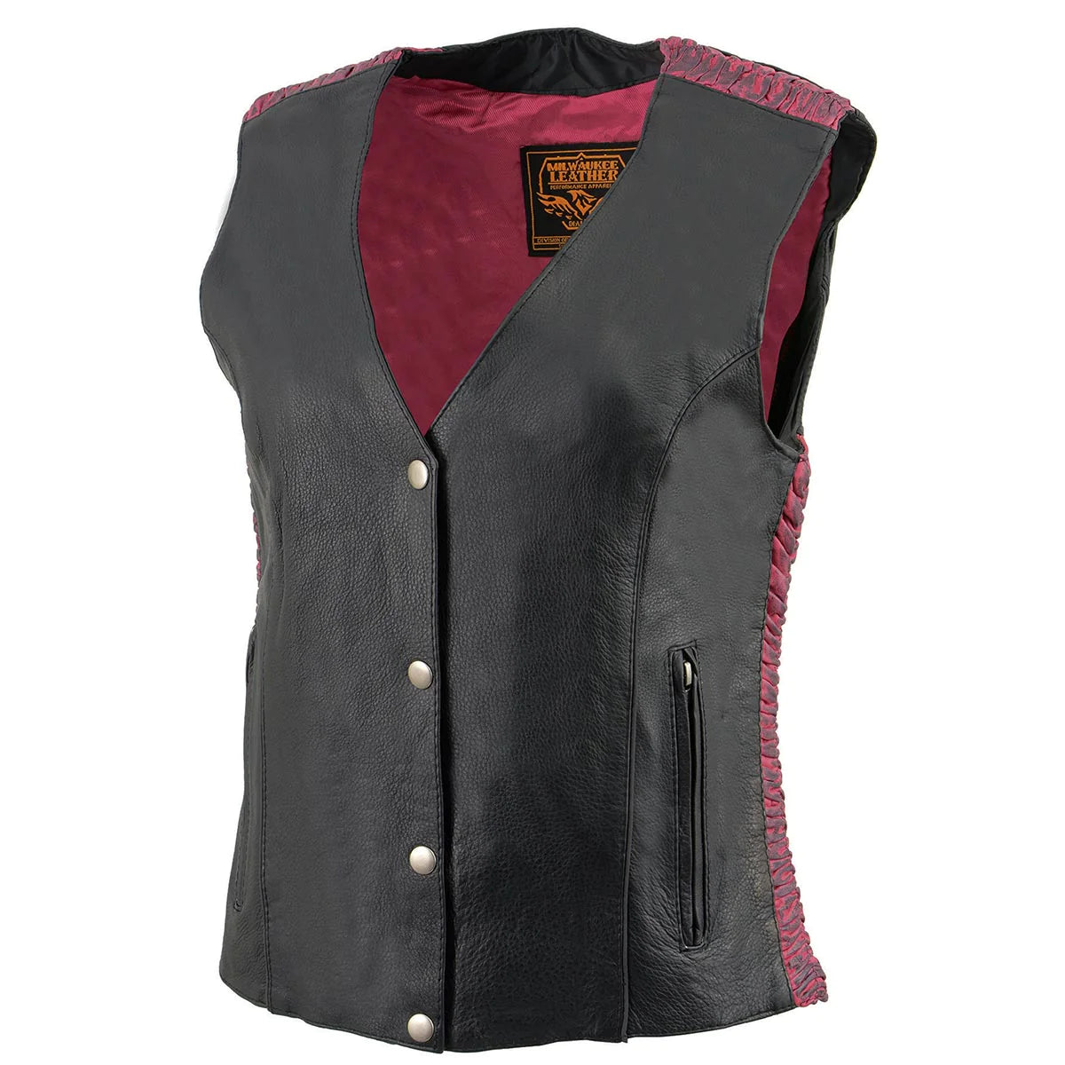 Ladies Black and Fuchsia 'Studded Phoenix' Leather Vest