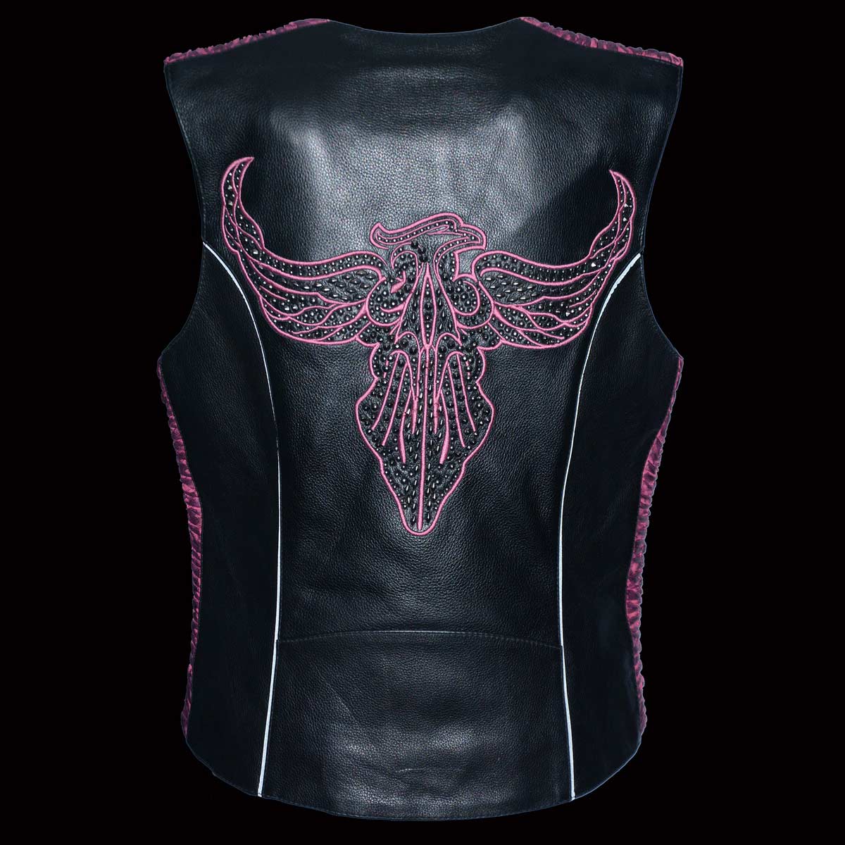 Ladies Black and Fuchsia 'Studded Phoenix' Leather Vest