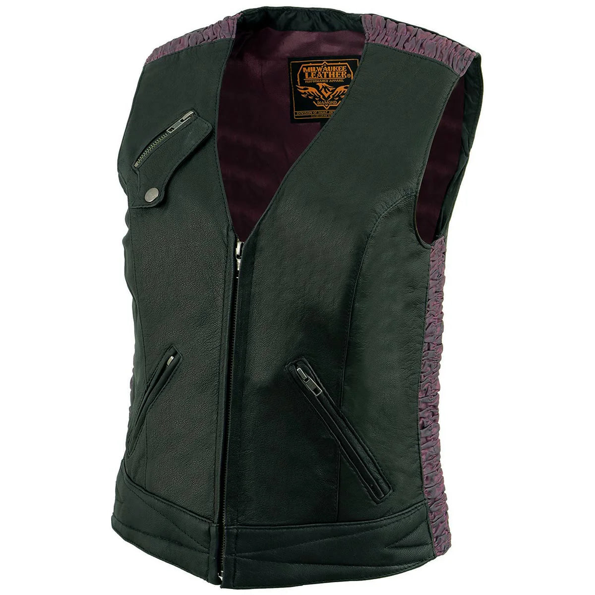 Ladies 'Crinkled' Black and Purple Lightweight Leather Vest