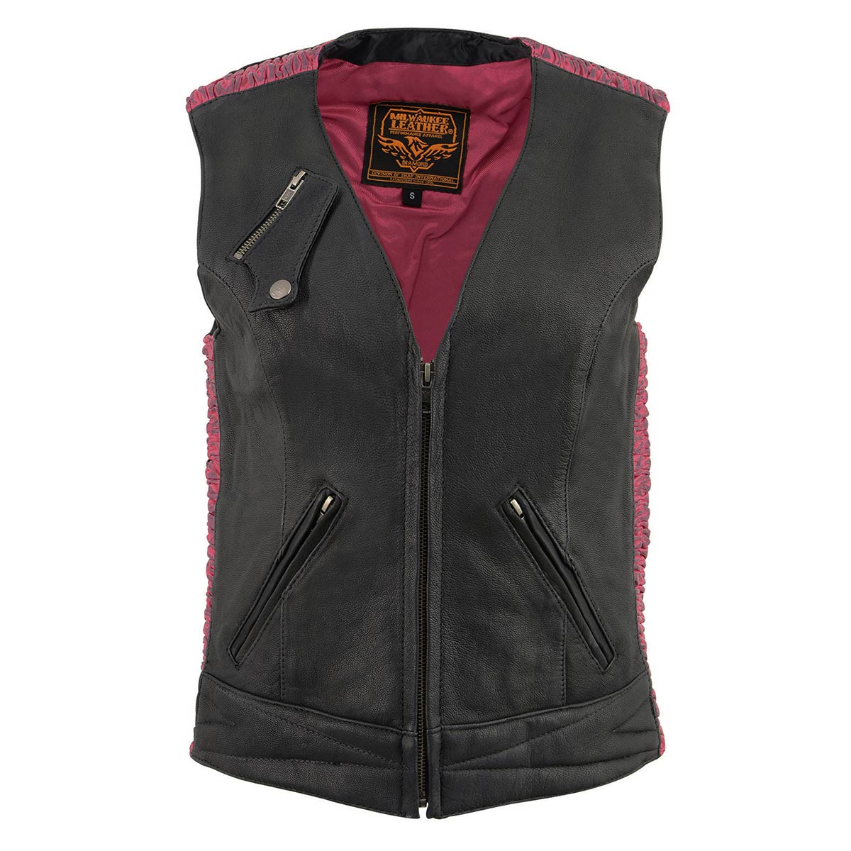 Ladies 'Crinkled' Black and Pink Lightweight Leather Vest