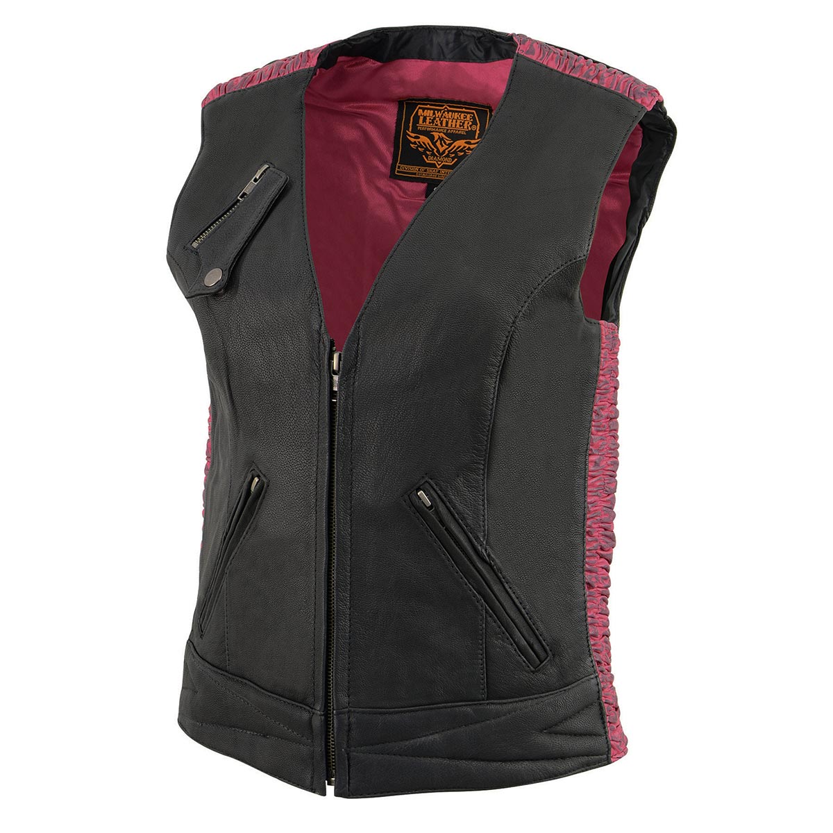 Ladies 'Crinkled' Black and Pink Lightweight Leather Vest