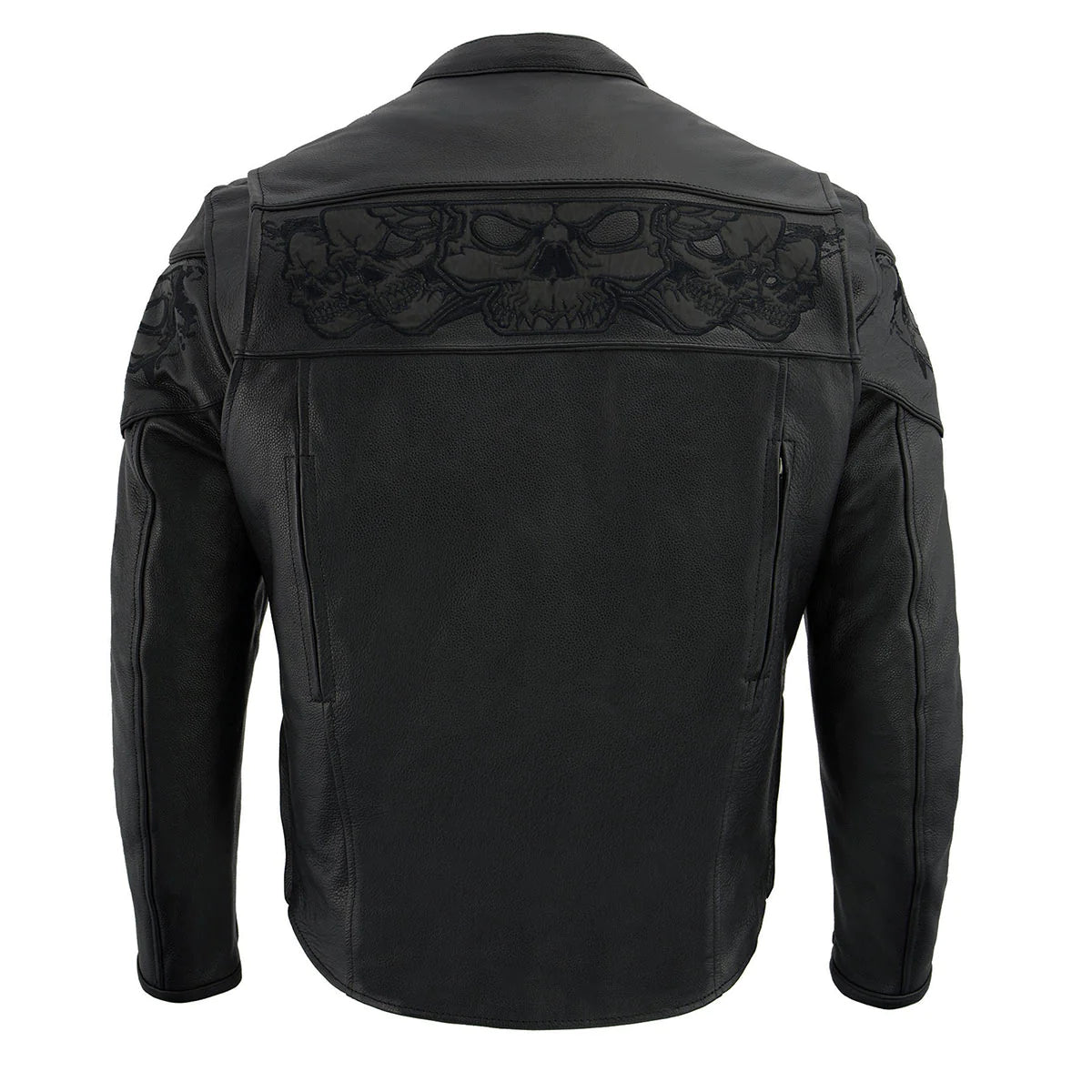 Men's Crossover Black Leather Scooter Jacket with Reflective Skulls