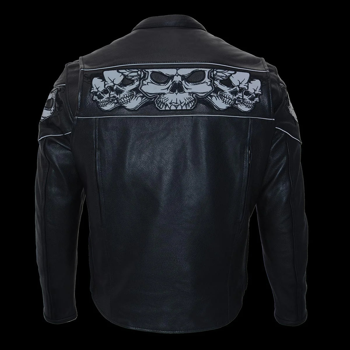 Men's Crossover Black Leather Scooter Jacket with Reflective Skulls