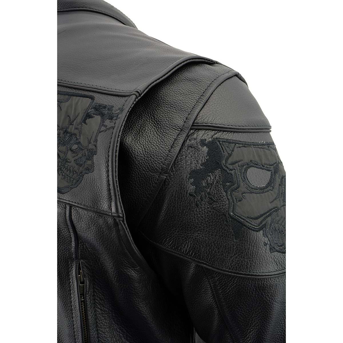 Men's Crossover Black Leather Scooter Jacket with Reflective Skulls