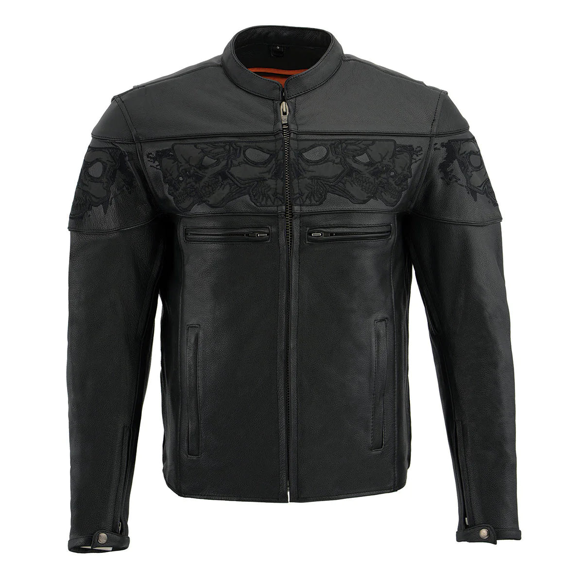 Men's Crossover Black Leather Scooter Jacket with Reflective Skulls