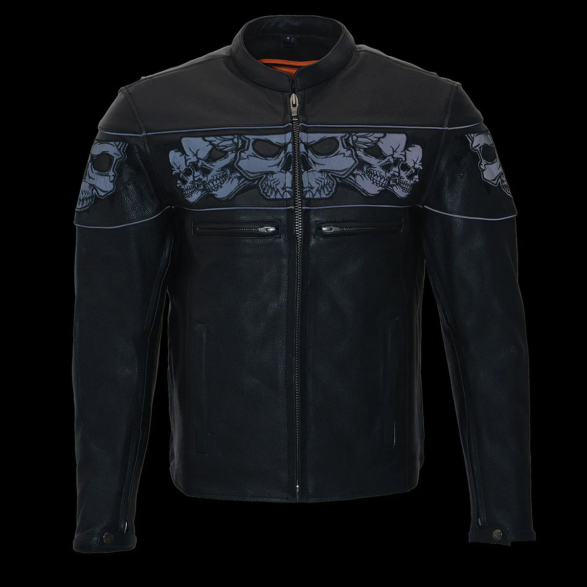 Men's Crossover Black Leather Scooter Jacket with Reflective Skulls