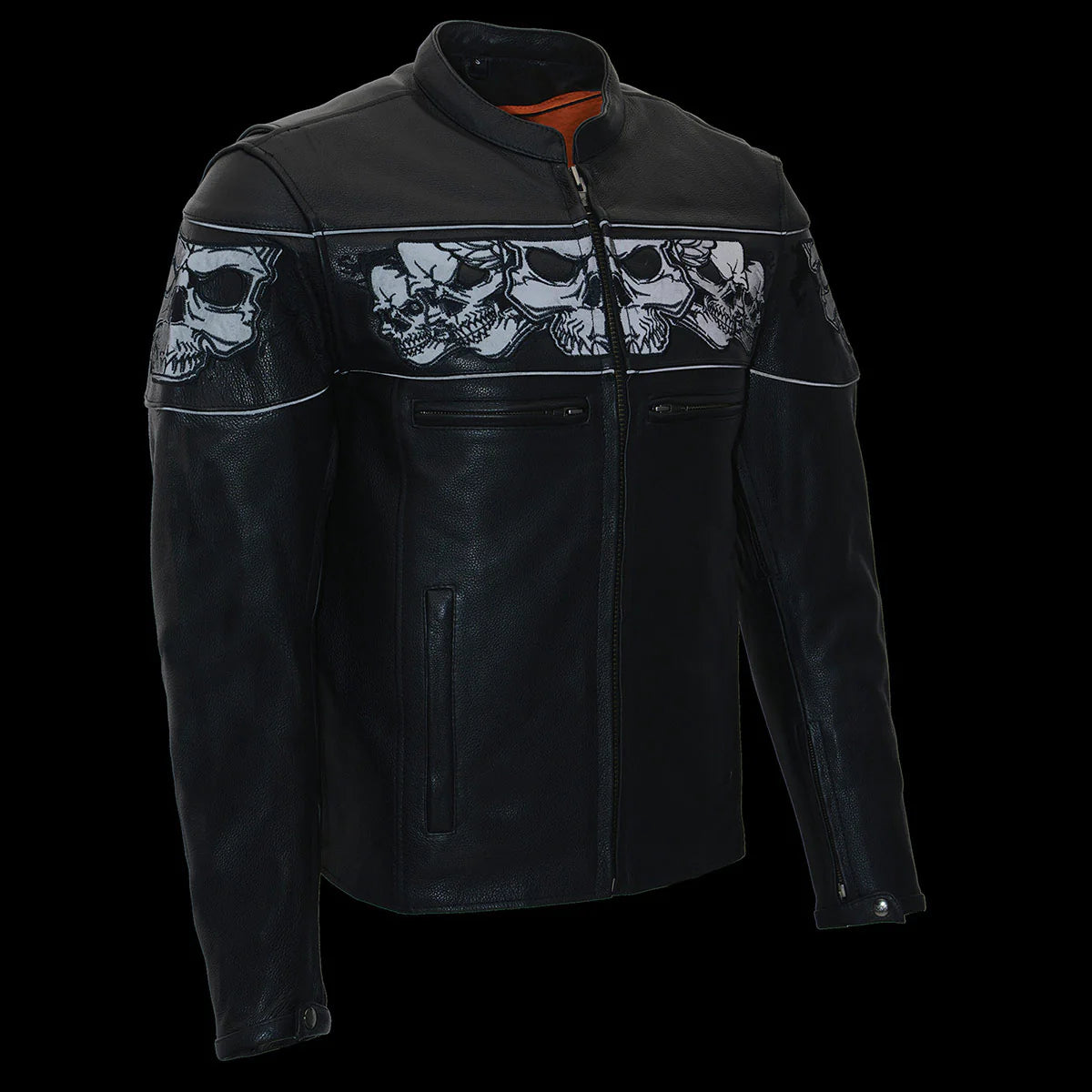 Men's Crossover Black Leather Scooter Jacket with Reflective Skulls