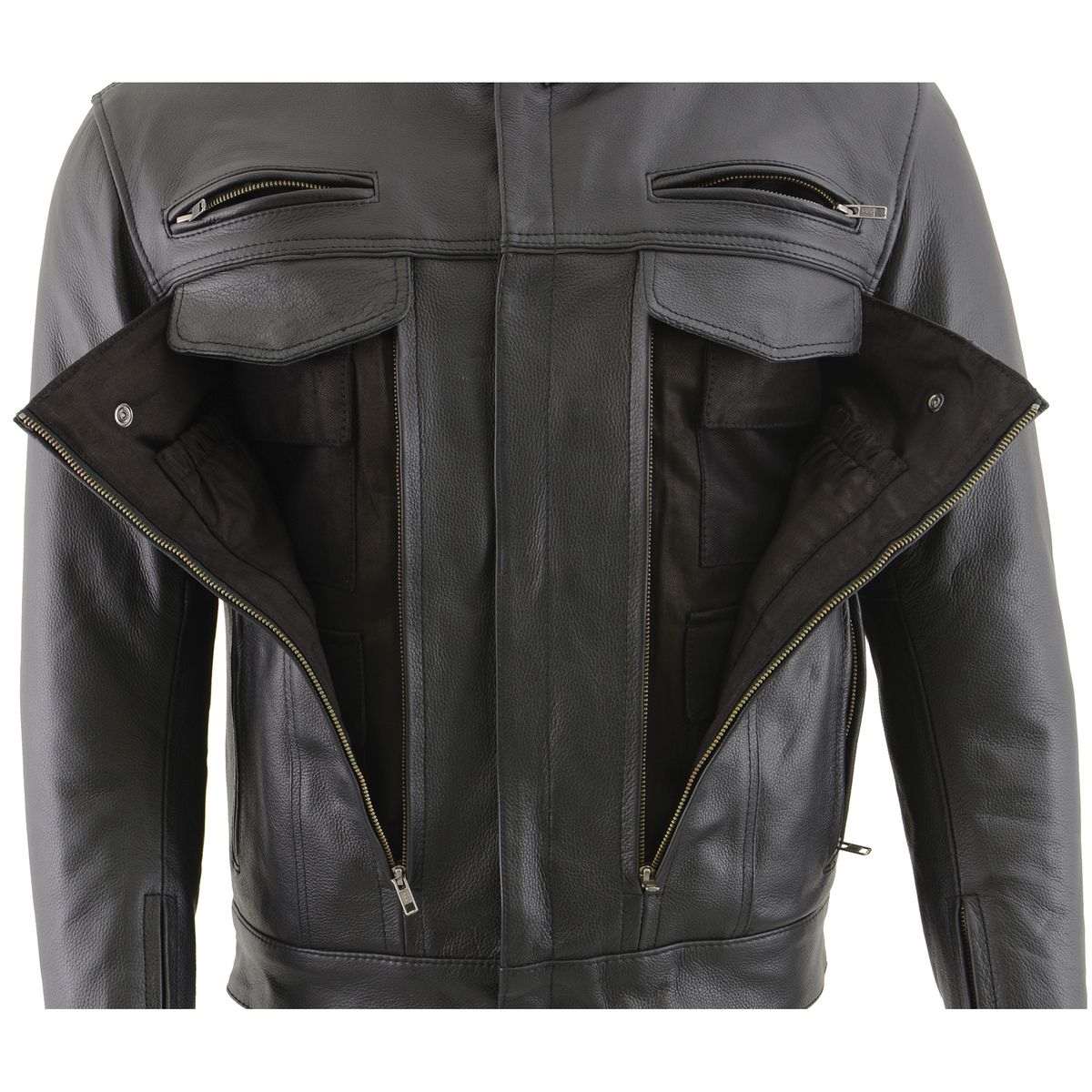 Men's 'Cool-Tec' Black Real Leather Scooter Style Motorcycle Jacket with Utility Pockets