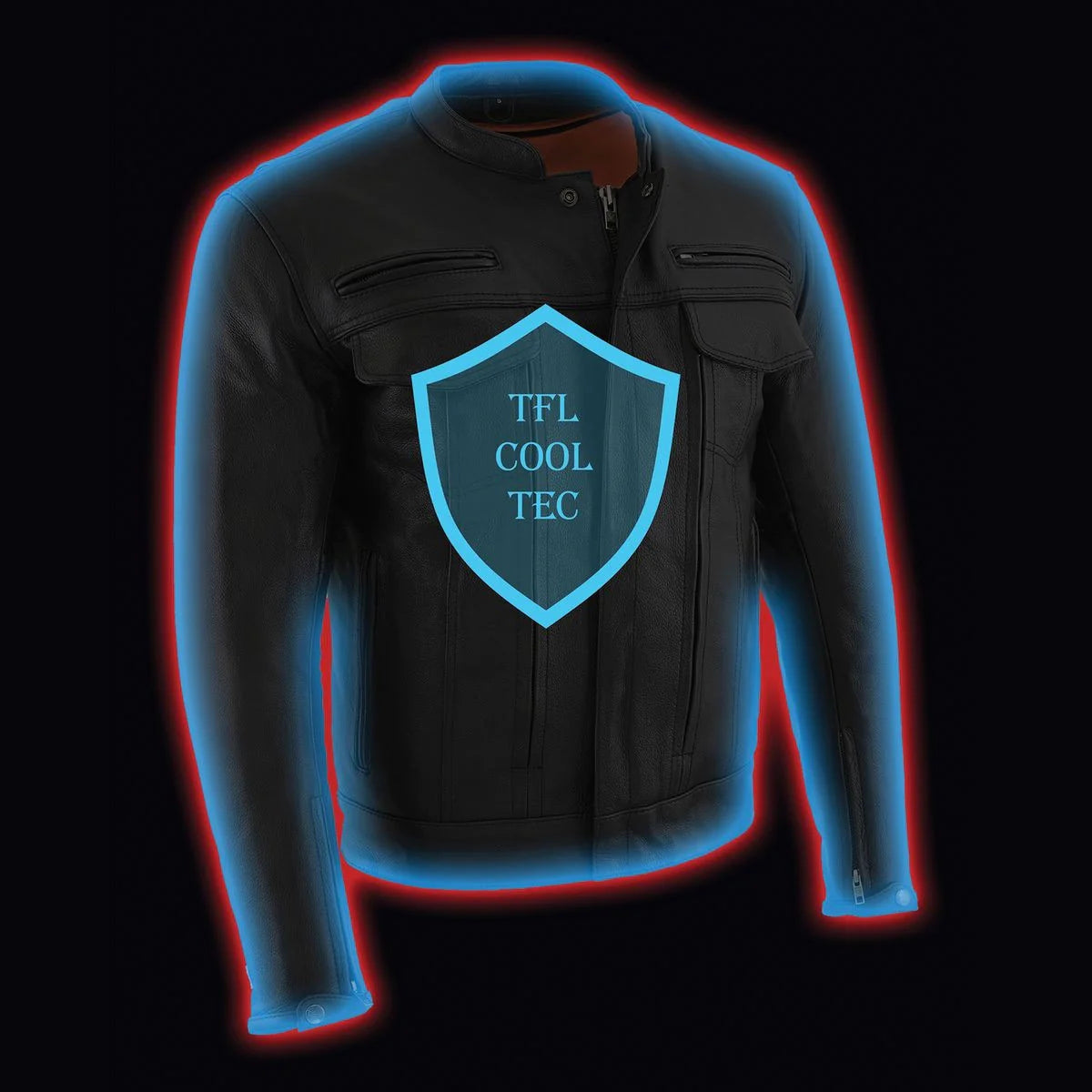 Men's 'Cool-Tec' Black Real Leather Scooter Style Motorcycle Jacket with Utility Pockets