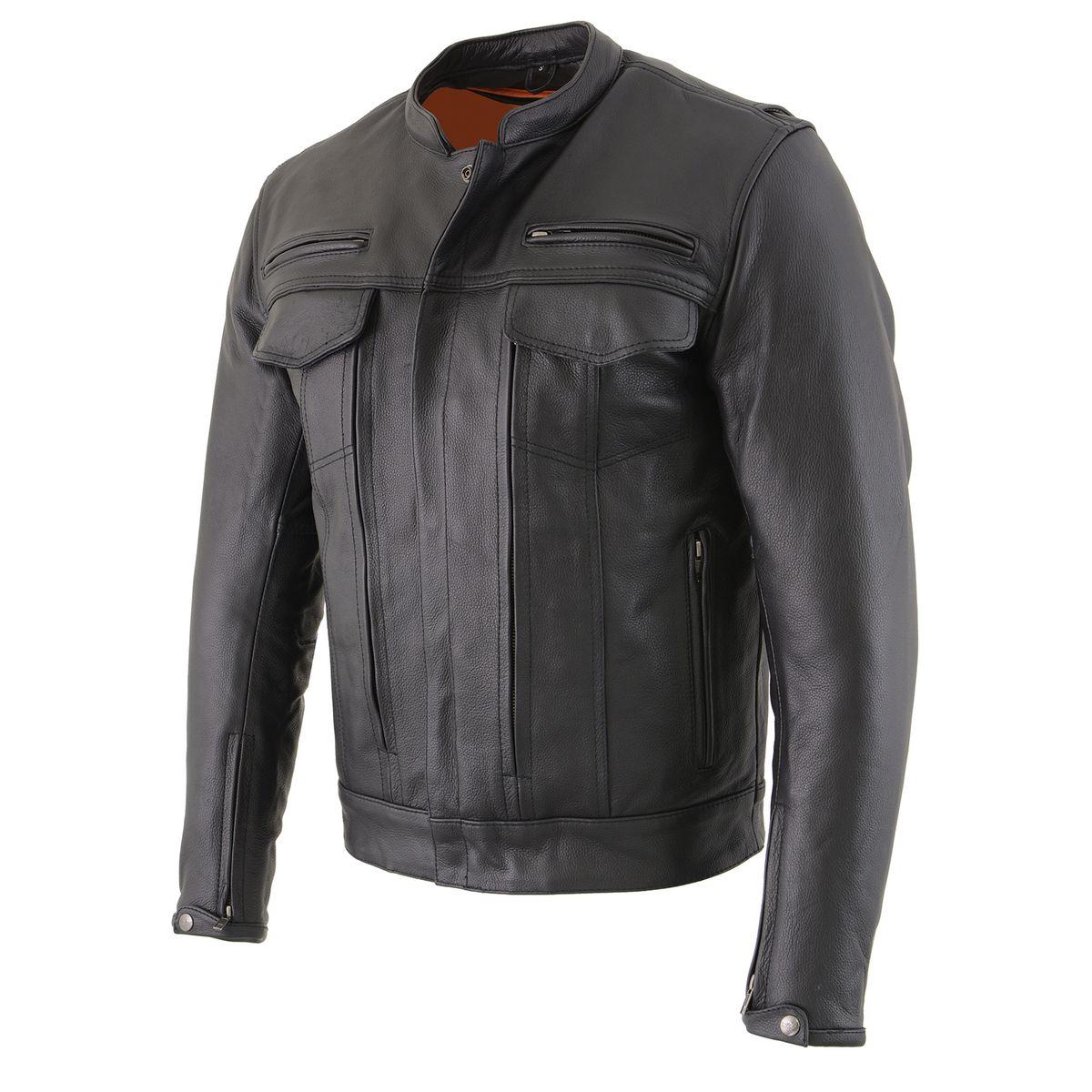 Men's 'Cool-Tec' Black Real Leather Scooter Style Motorcycle Jacket with Utility Pockets