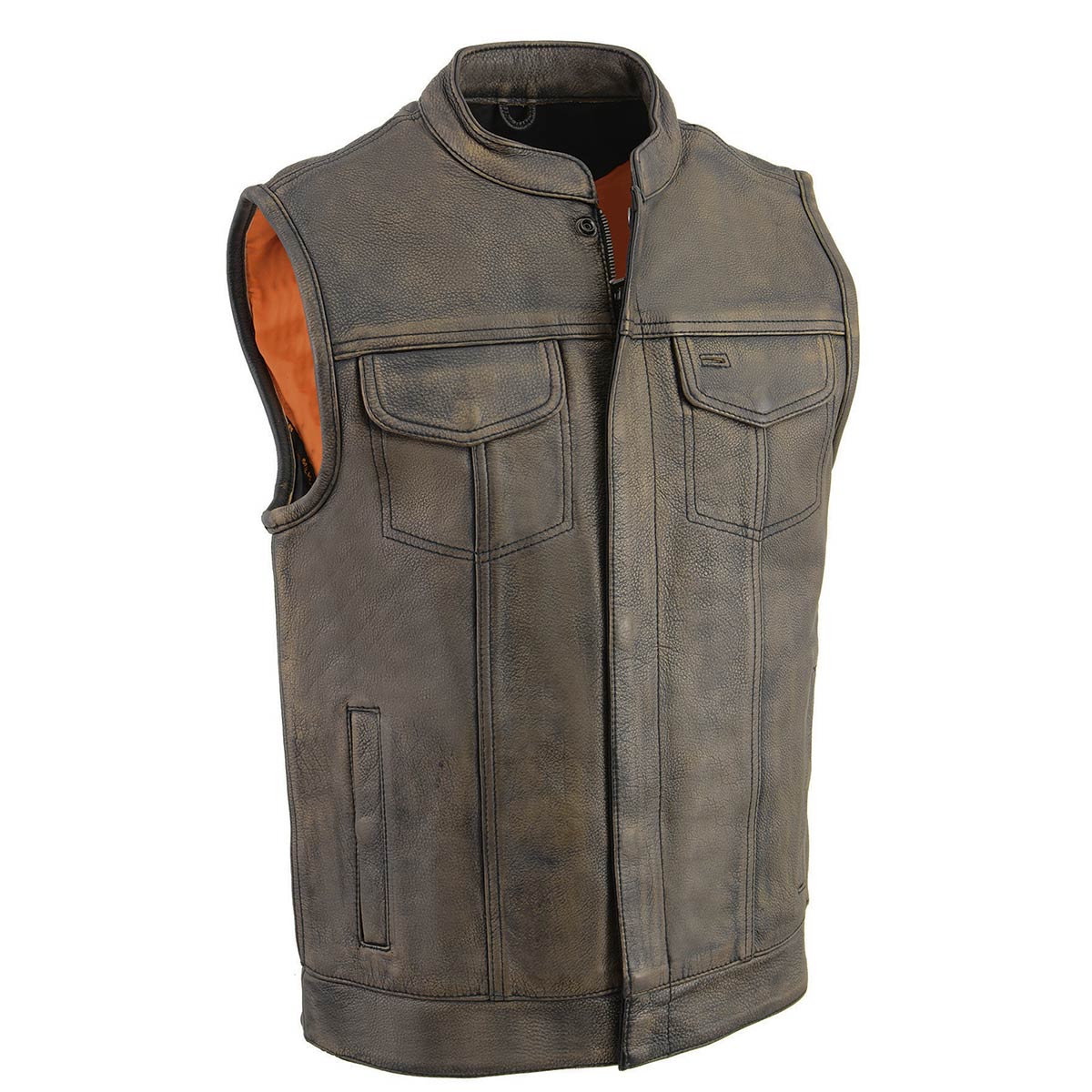 Men's Distressed Brown Dual Closure Open Neck Club Motorcycle Leather Vest