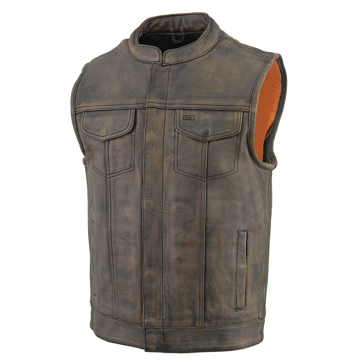 Men's Distressed Brown Dual Closure Open Neck Club Motorcycle Leather Vest