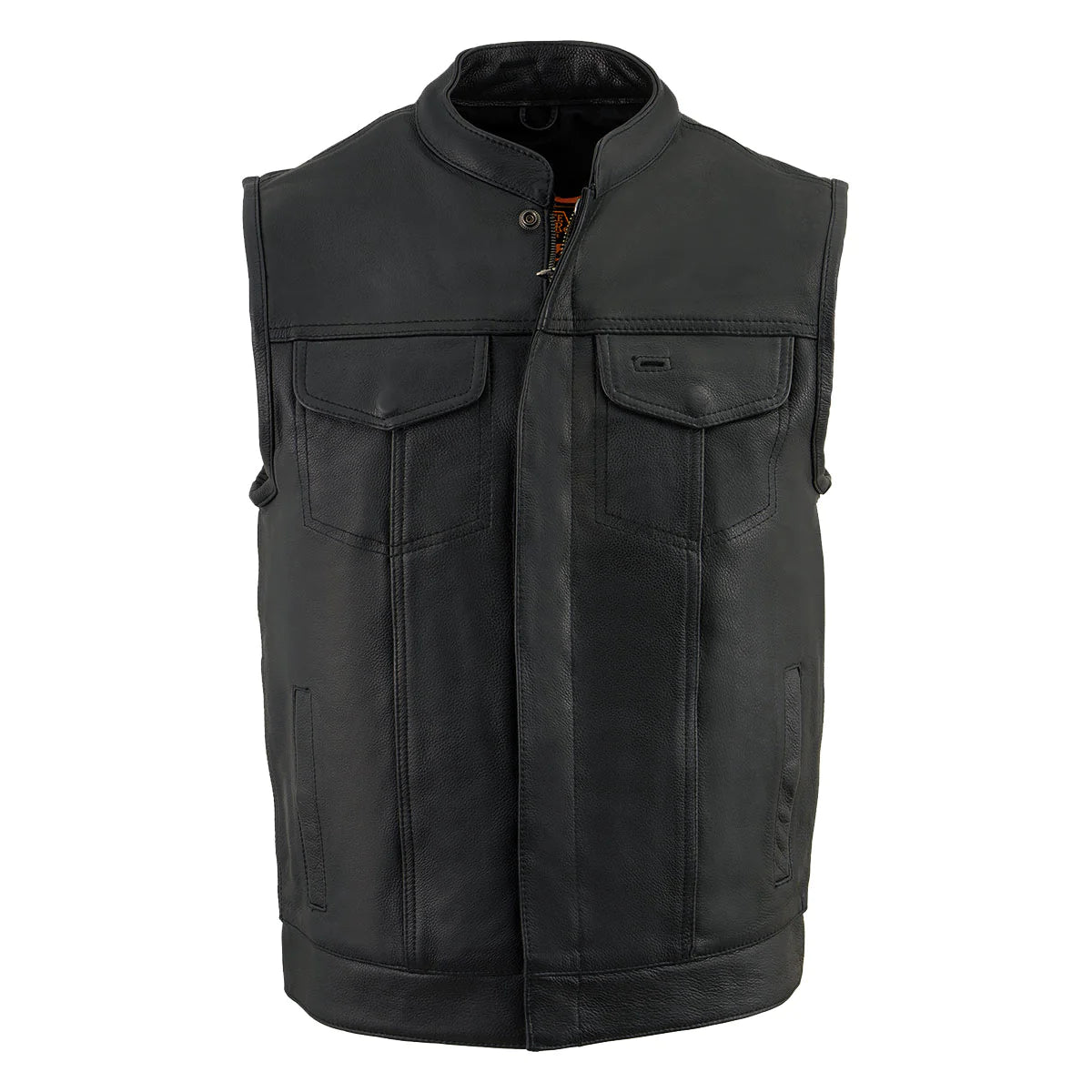 Men's Black Dual Closure Open Neck Club Style Motorcycle Leather Vest