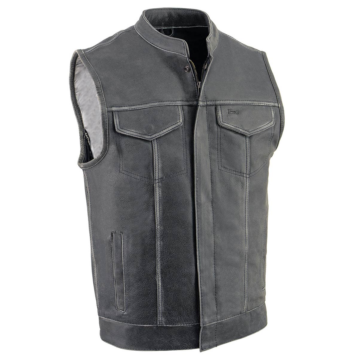 Men's Distressed Grey Dual Closure Open Neck Club Style Motorcycle Leather Vest