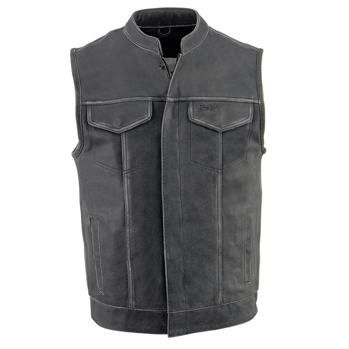 Men's Distressed Grey Dual Closure Open Neck Club Style Motorcycle Leather Vest