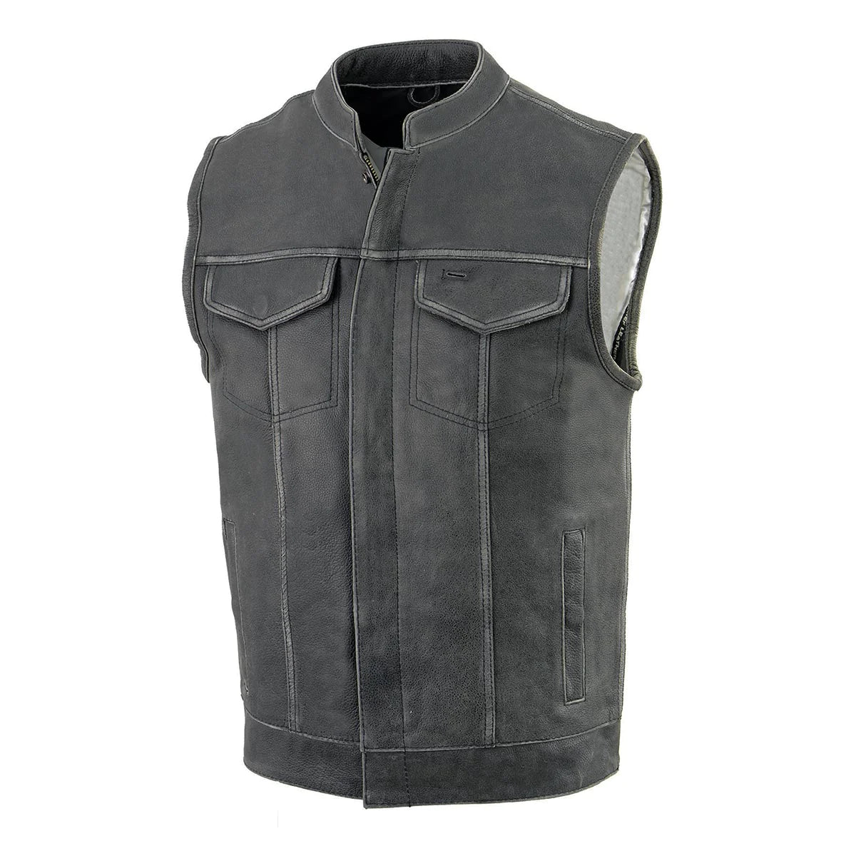 Men's Distressed Grey Dual Closure Open Neck Club Style Motorcycle Leather Vest