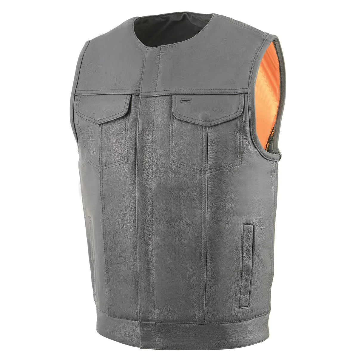 Men's 'Cool-Tec' Black Leather Collarless Motorcycle Club Style Vest