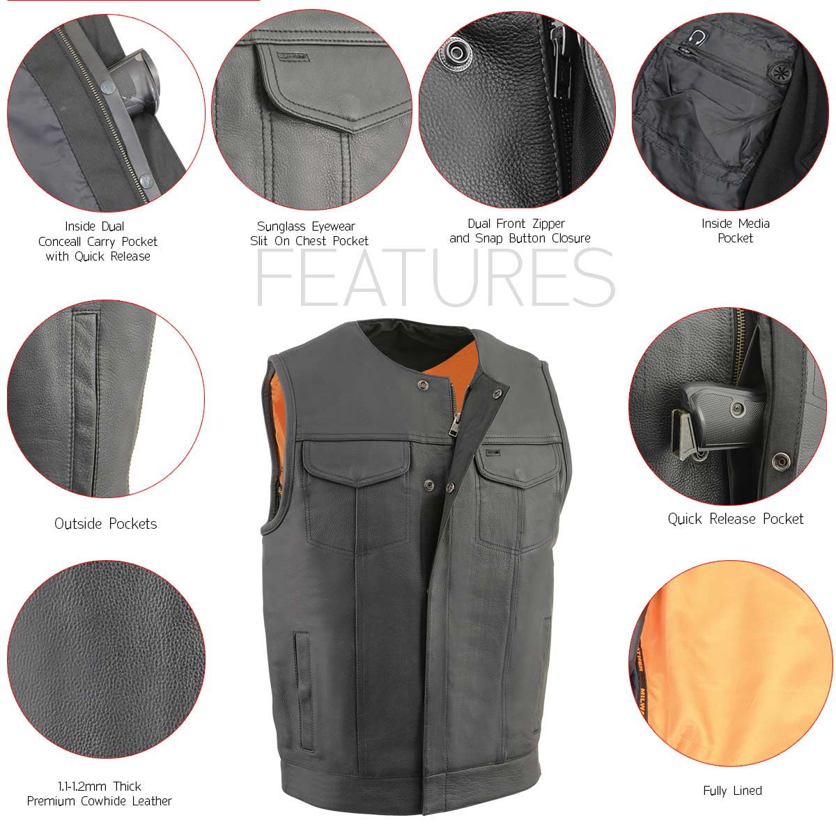 Men's 'Cool-Tec' Black Leather Collarless Motorcycle Club Style Vest
