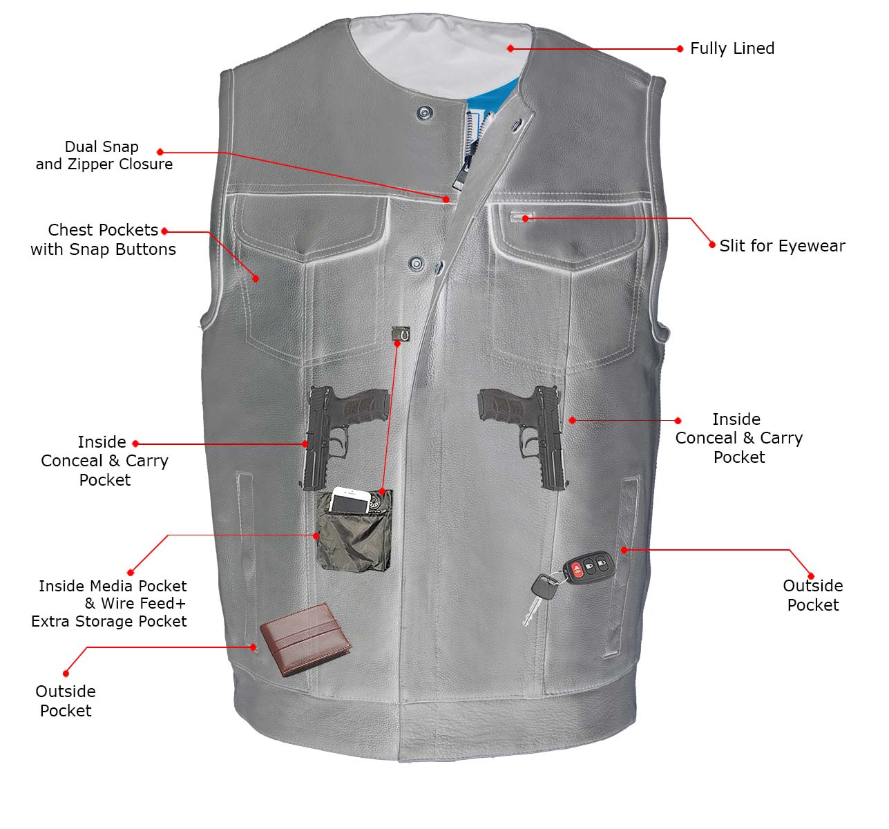 Men's 'Cool-Tec' Black Leather Collarless Motorcycle Club Style Vest