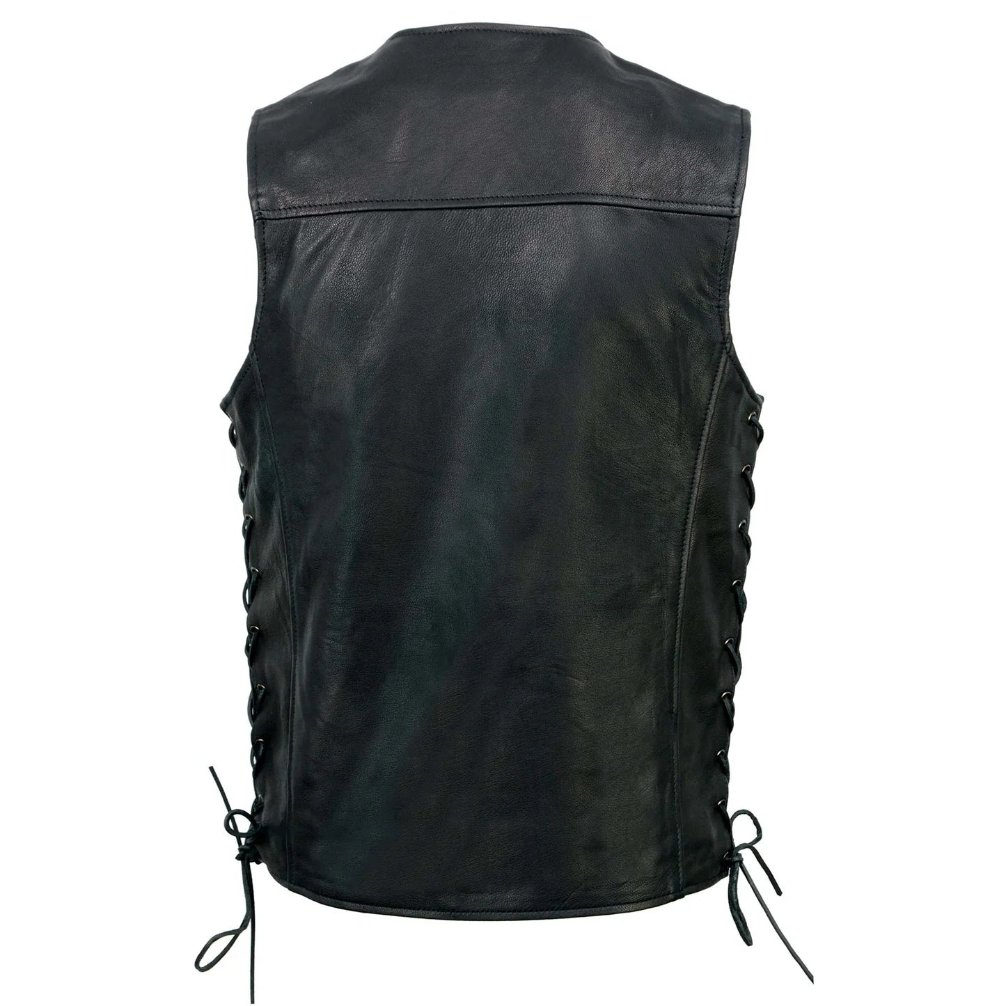 Men's Black Naked Leather Classic V-Neck Straight Bottom Side Lace Motorcycle Rider Vest