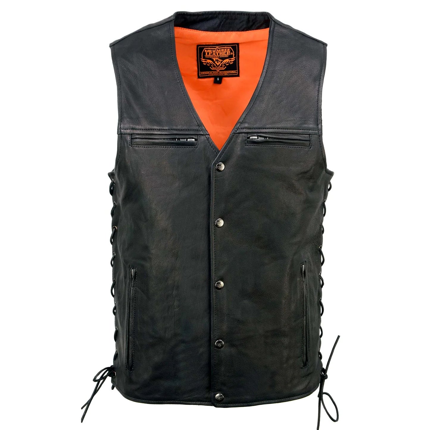 Men's Black Naked Leather Classic V-Neck Straight Bottom Side Lace Motorcycle Rider Vest