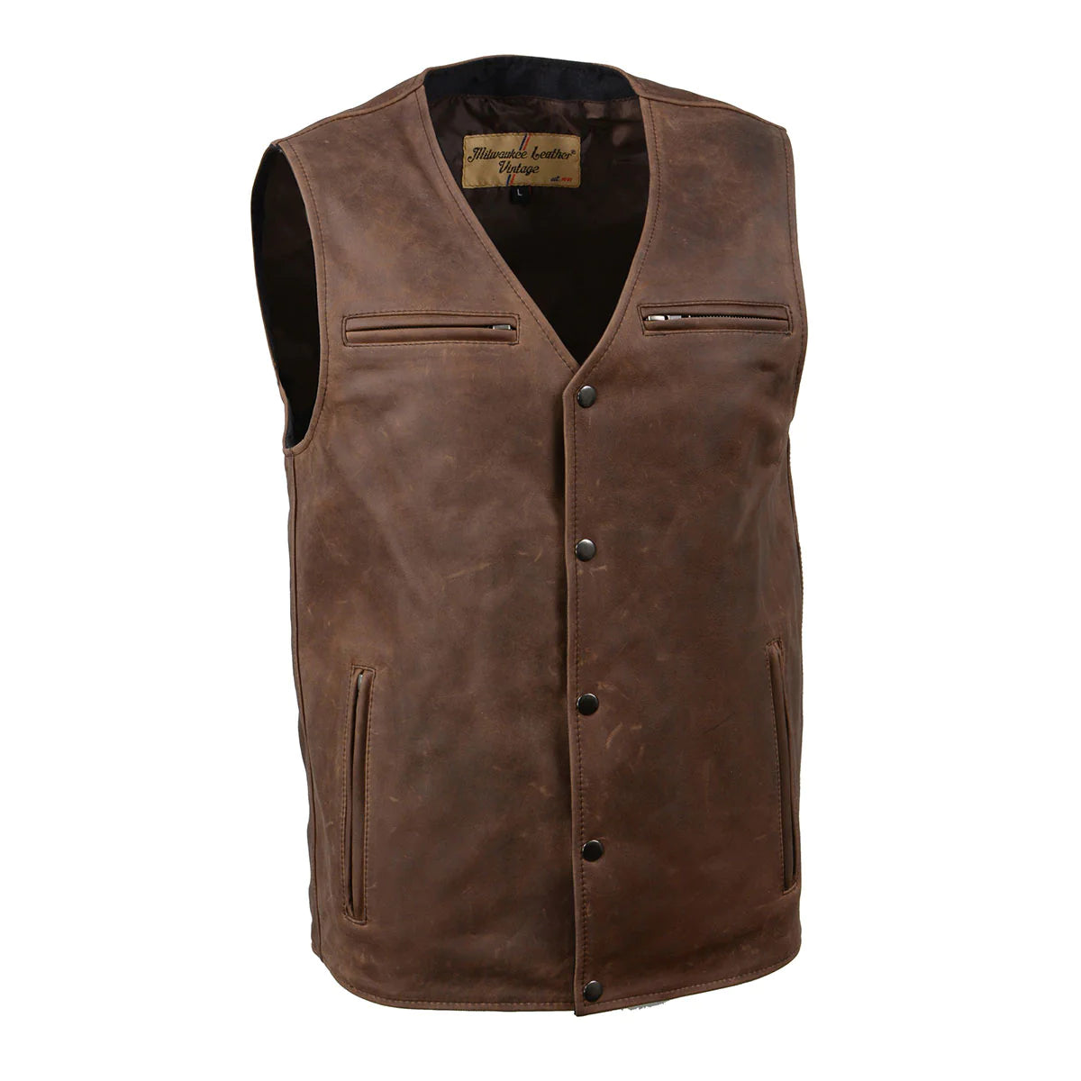 Men's Gambler Snap Front Vintage Crazy Horse Brown Motorcycle Leather Vest