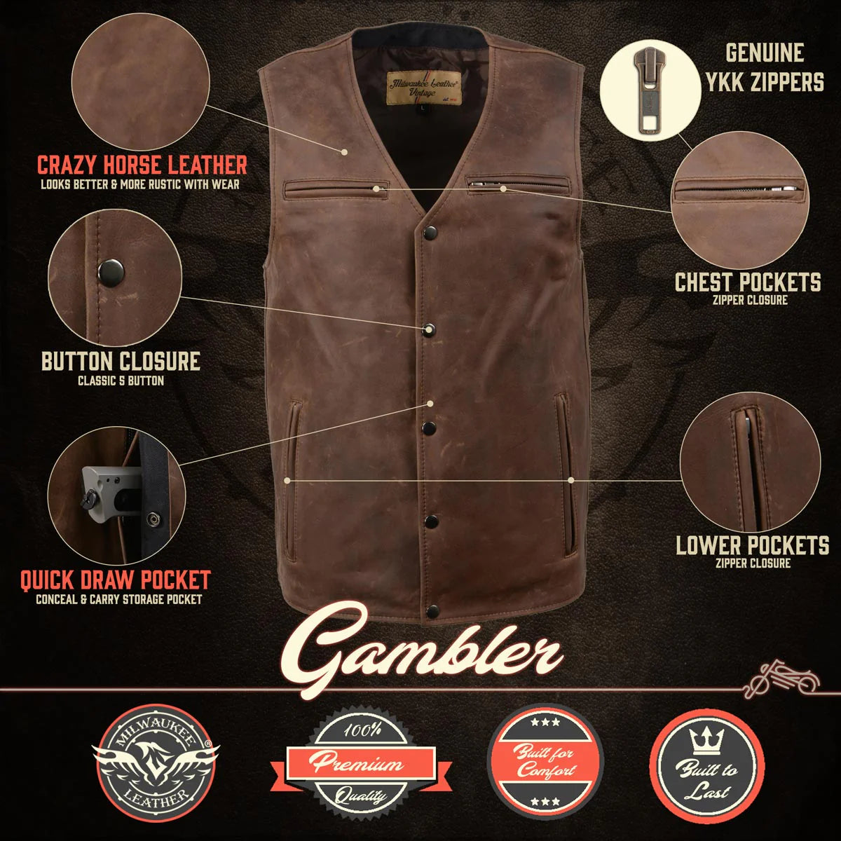 Men's Gambler Snap Front Vintage Crazy Horse Brown Motorcycle Leather Vest