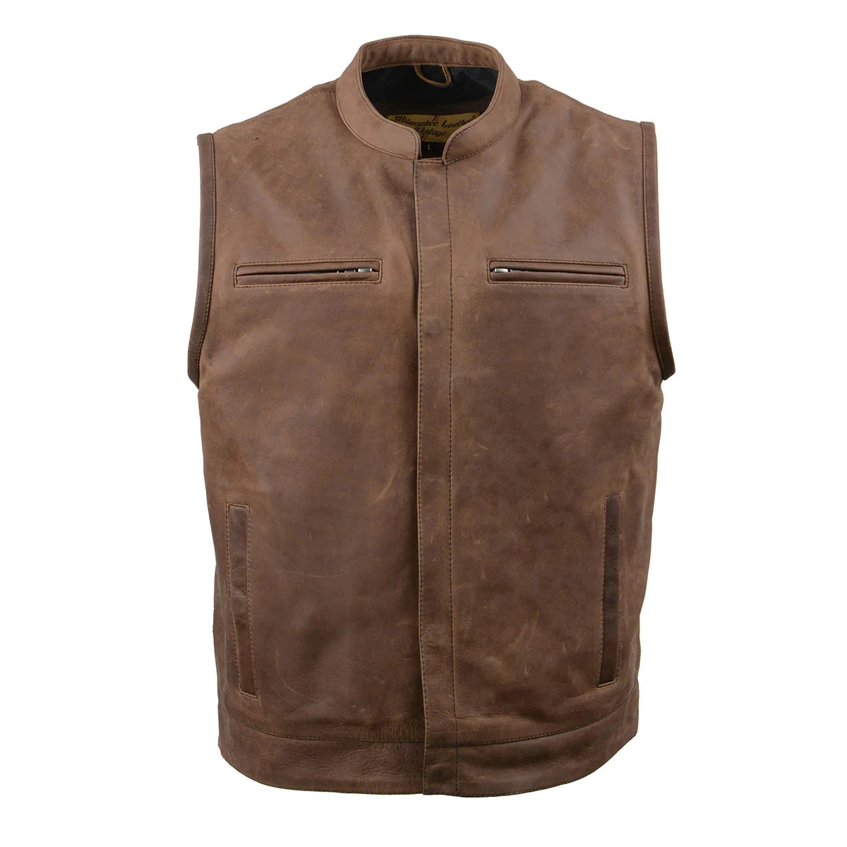 Men's 'Rustler' Vintage Crazy Horse Brown Leather Club Style Motorcycle Vest