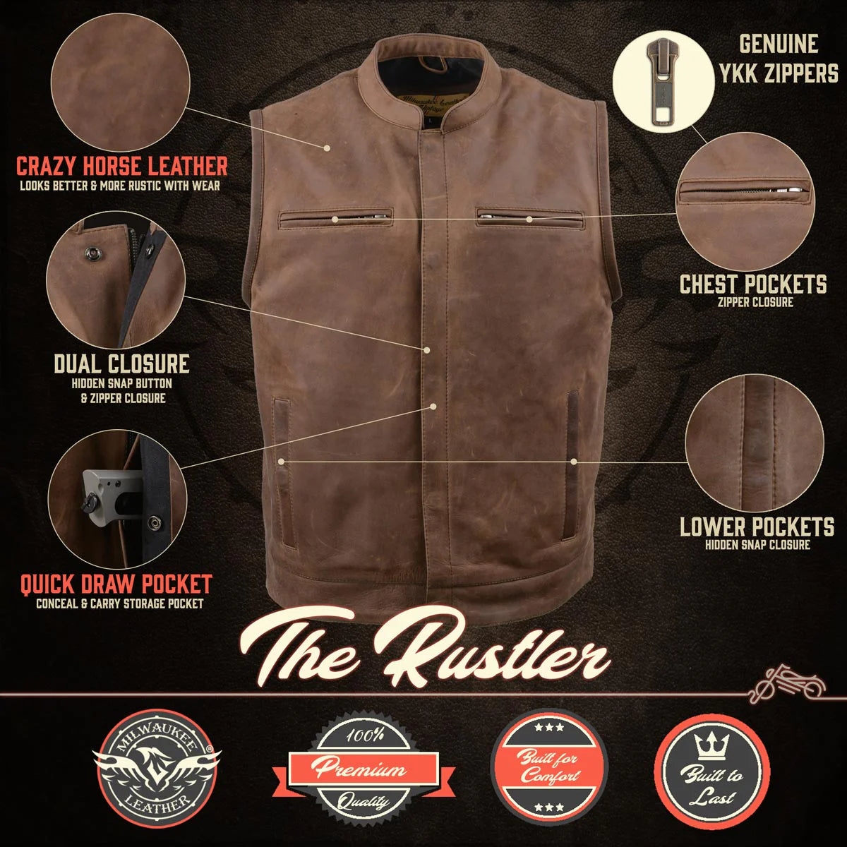 Men's 'Rustler' Vintage Crazy Horse Brown Leather Club Style Motorcycle Vest