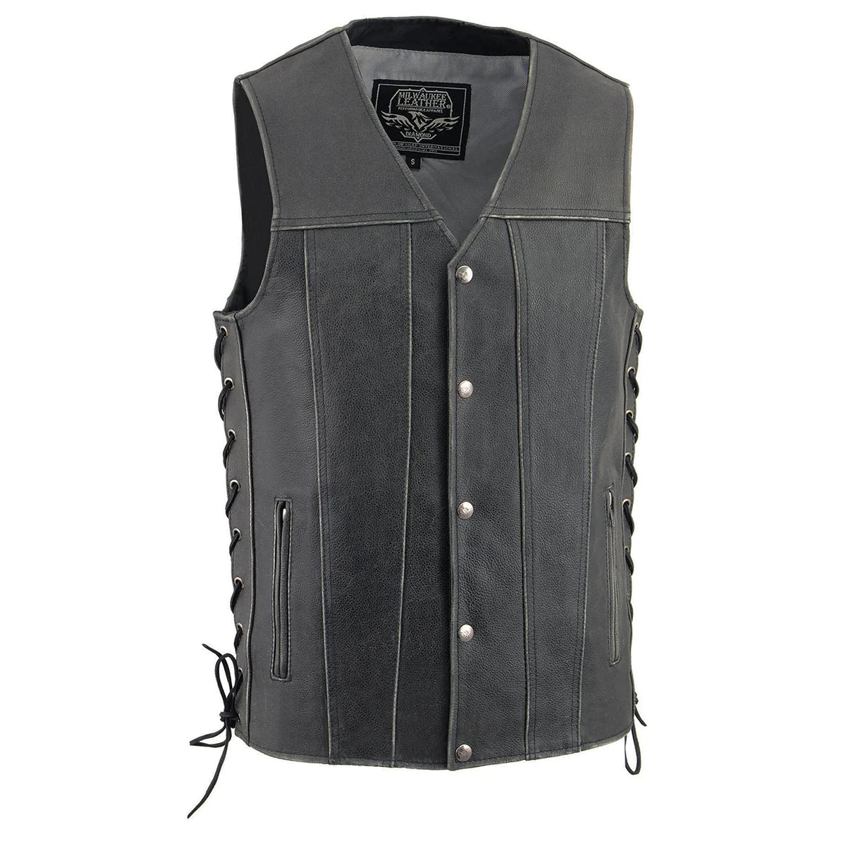 Men's Distressed Gray Side Lace Motorcycle Leather Vest