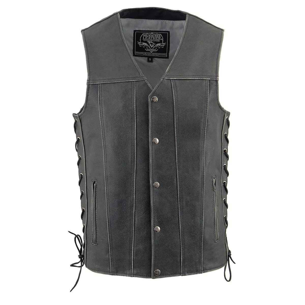 Men's Distressed Gray Side Lace Motorcycle Leather Vest