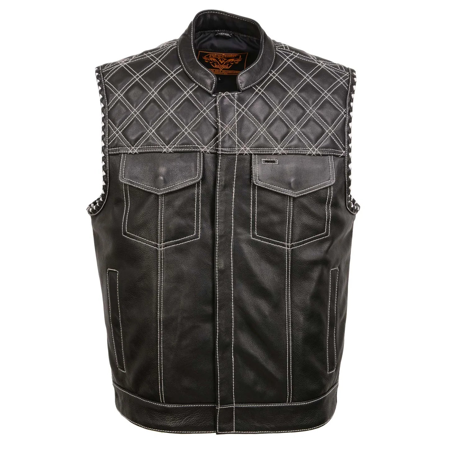 Men's Black 'Paisley' Accented White Stitching Leather Vest – w/Armhole Trim Open Collar Design