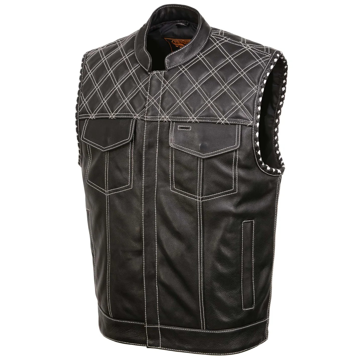 Men's Black 'Paisley' Accented White Stitching Leather Vest – w/Armhole Trim Open Collar Design