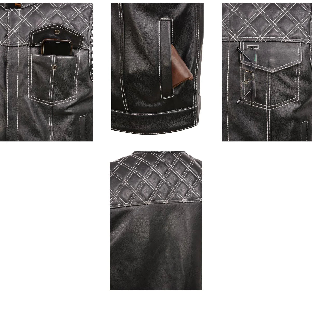 Men's Black 'Paisley' Accented White Stitching Leather Vest – w/Armhole Trim Open Collar Design